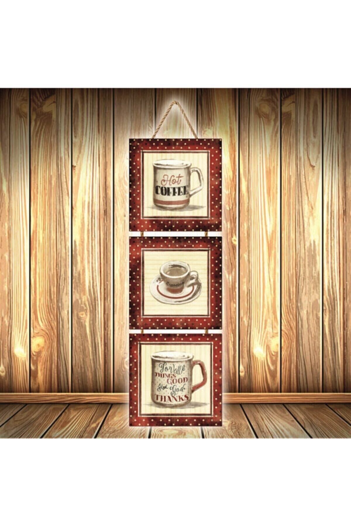 Hot Cofffe Tasarımlı Üçlü Retro Ahşap Poster Ü494