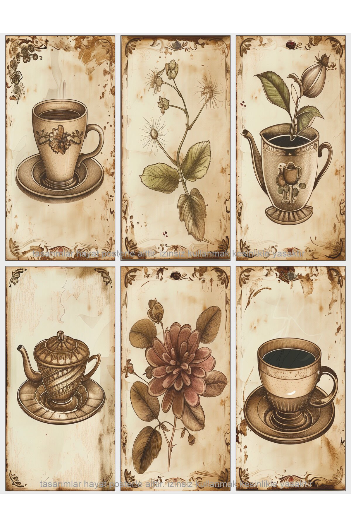 çay yaprağı çiçeği bitkisi çay fincanı mutfak kafe bar dekor tablo 6lı mini retro ahşap poster seti