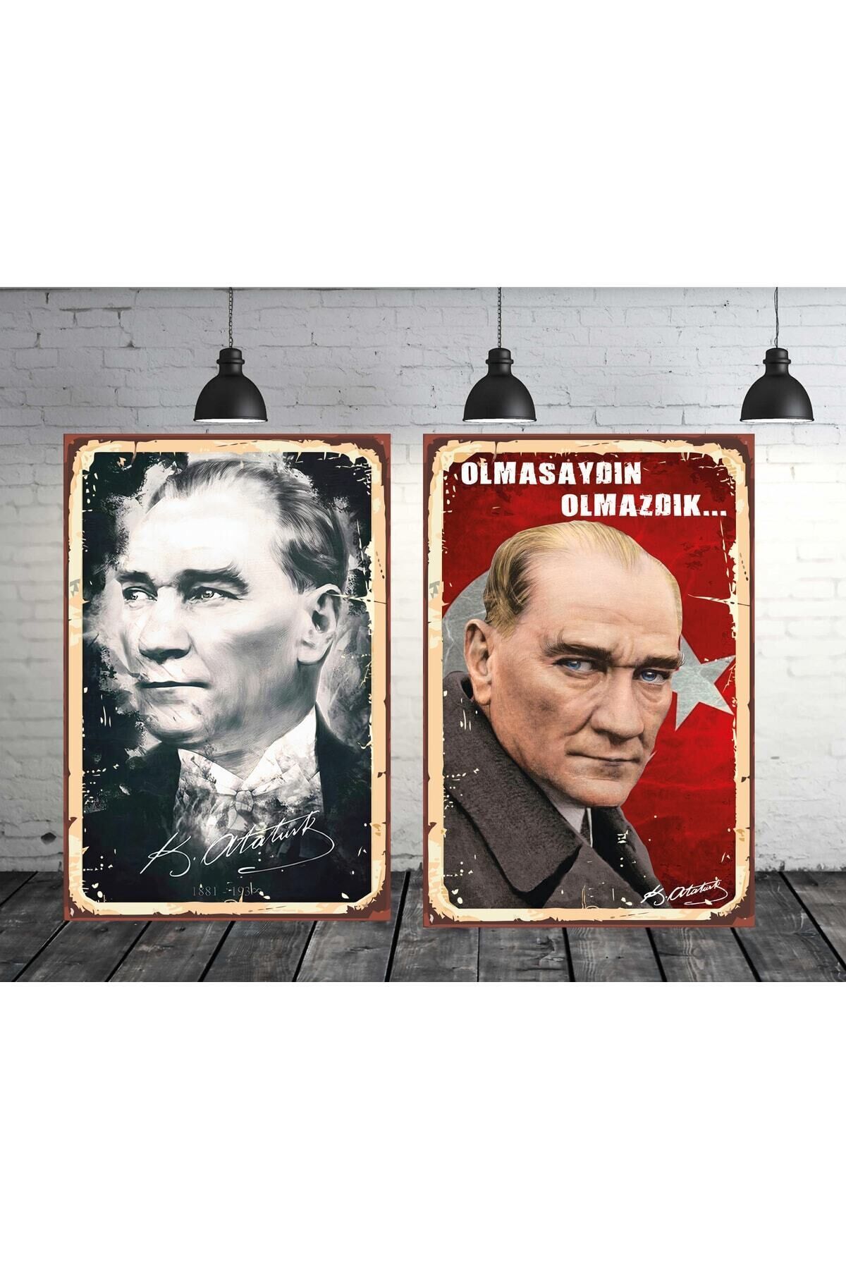 Mustafa Kemal Atatürk Seti 2 Adet 20x30 Cm Retro Ahşap Tablo