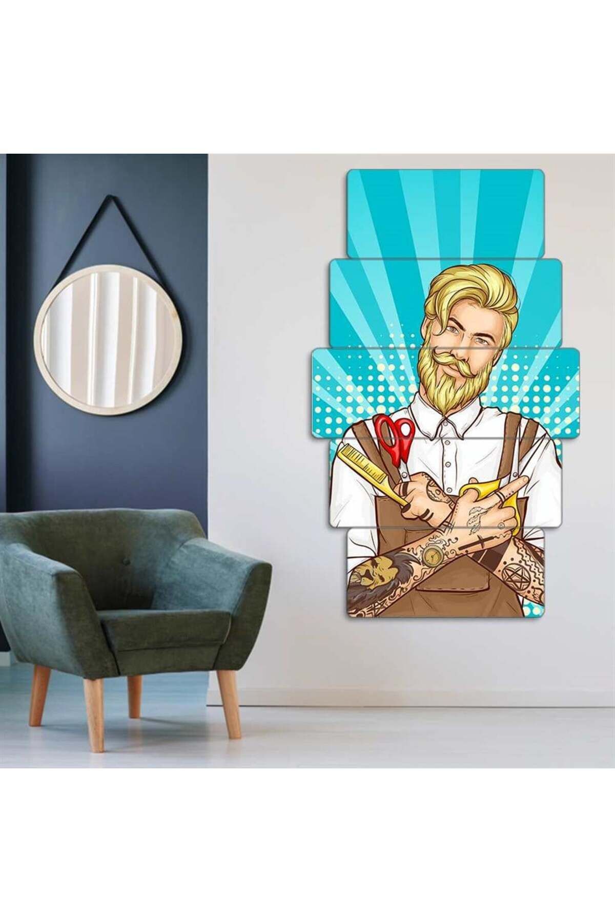 Tattoo Ve Makas Büyüsü - 5 Parçalı Berber Tablo