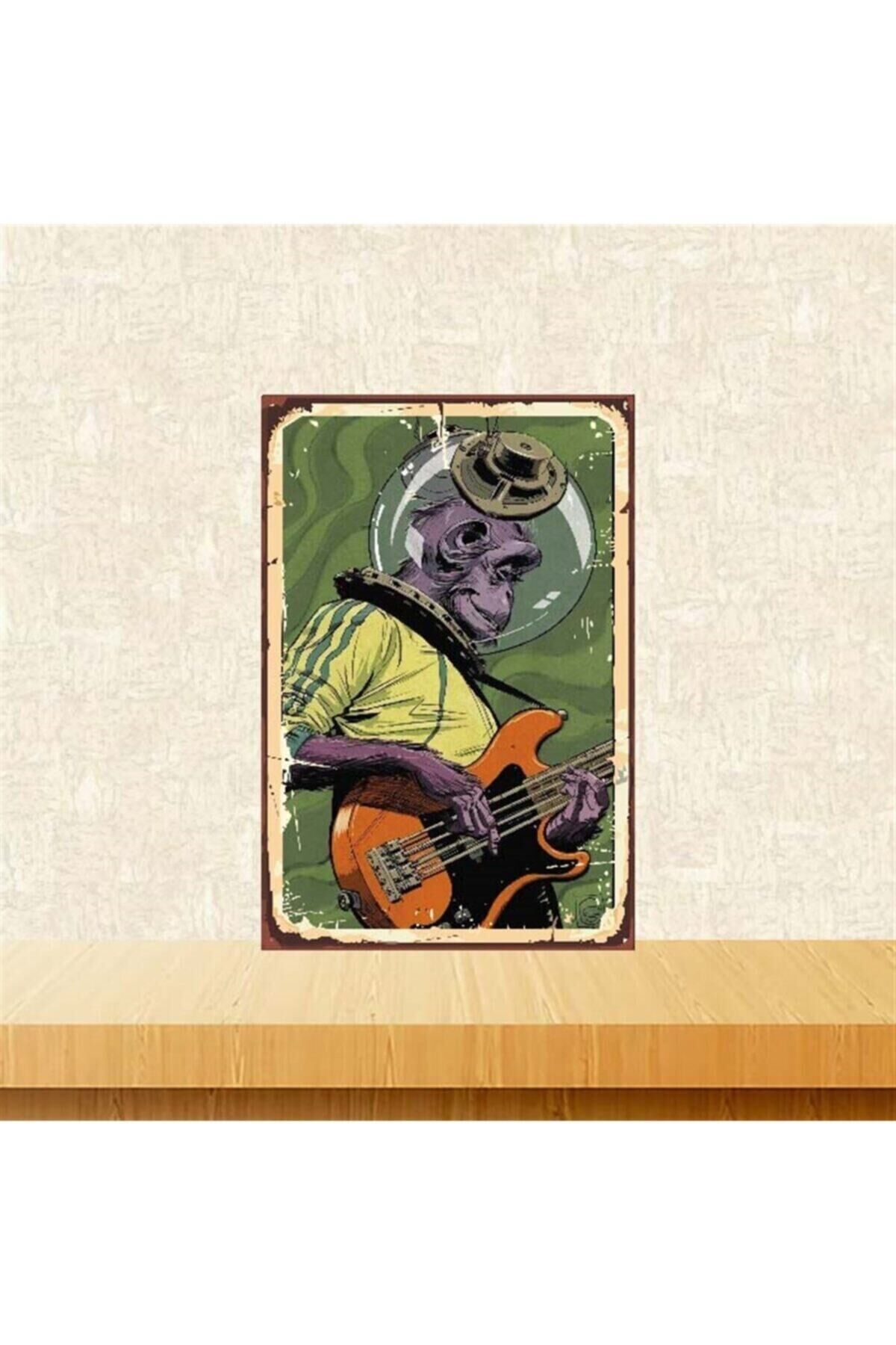 Gitarcı Maymun Tasarımlı 20-30 Cm Retro Ahşap Poster