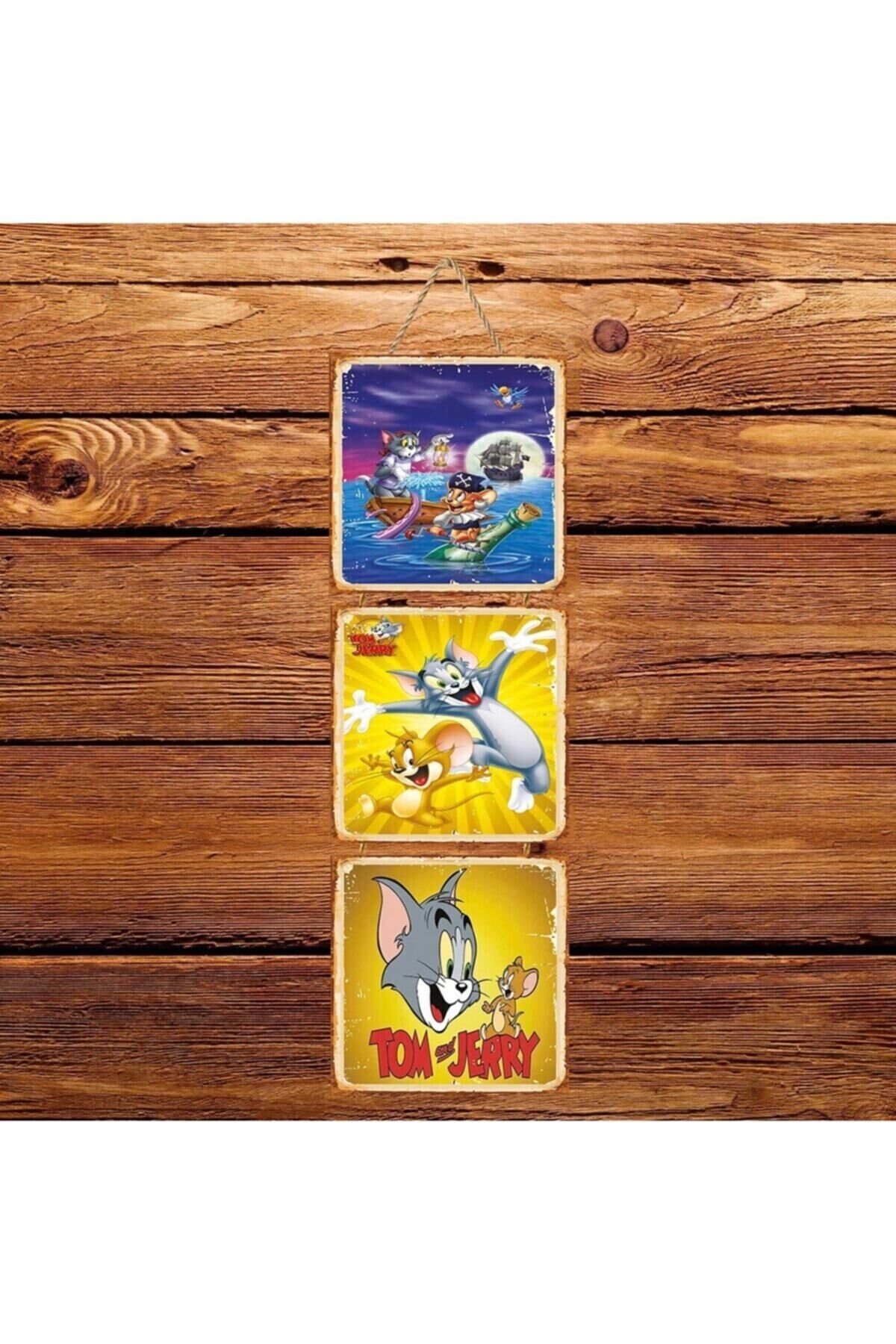 Tom And Jerry Üçlü Retro Ahşap Poster