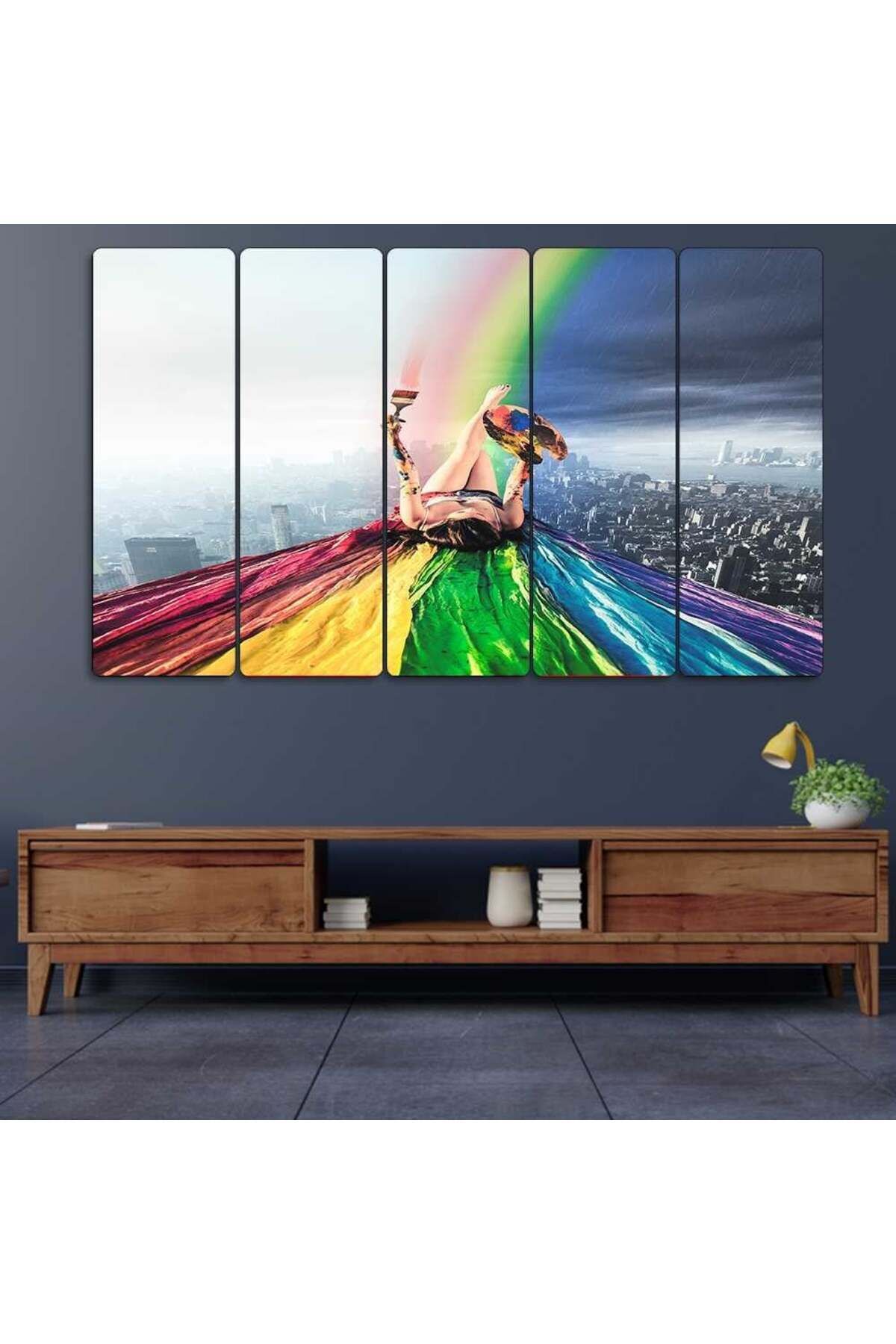 Gökkuşağını Boyayan Kadın - 5 Parçalı Tablo