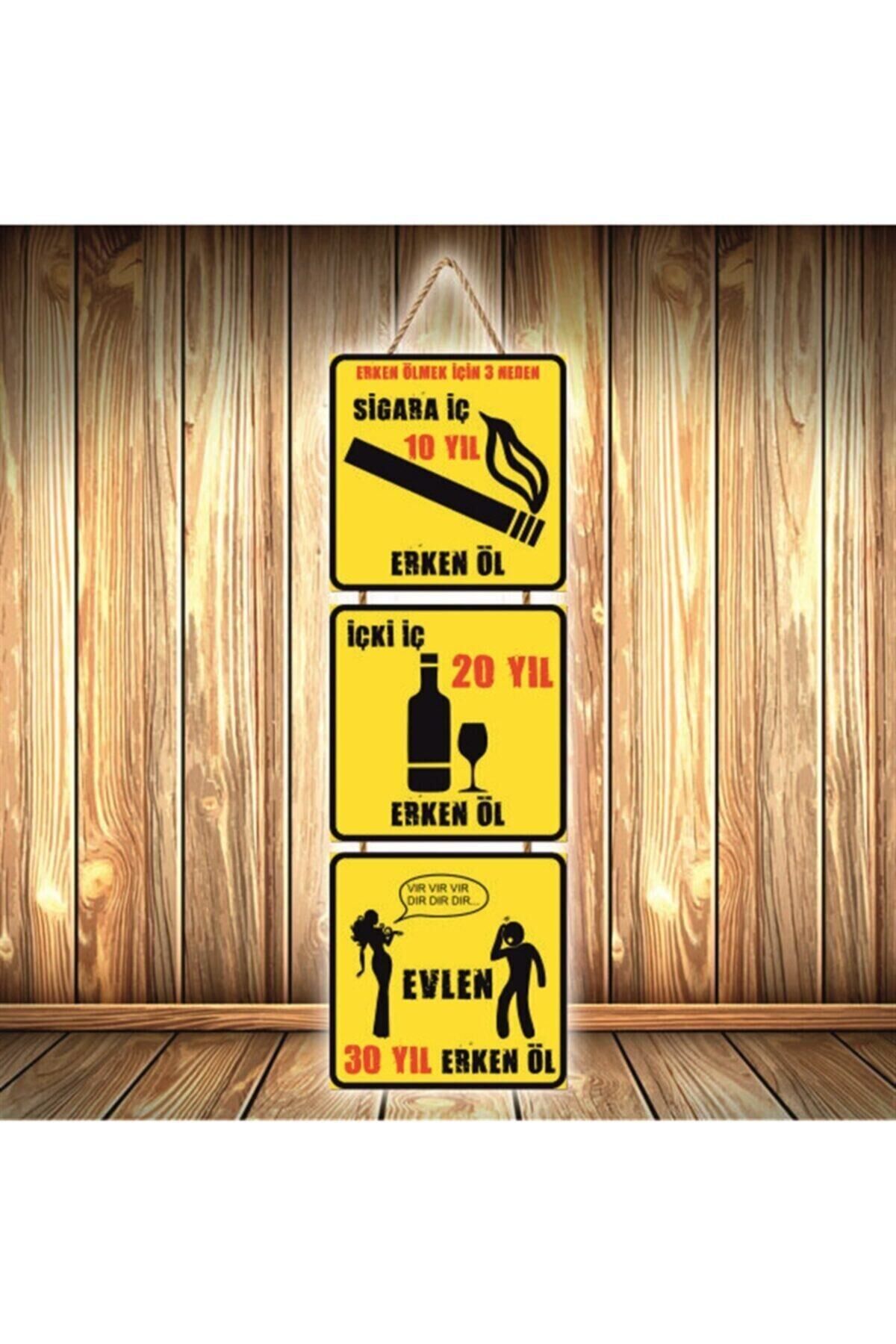 Erken Ölmek Için Evlen Tasarımlı Üçlü Retro Ahşap Poster Ü306