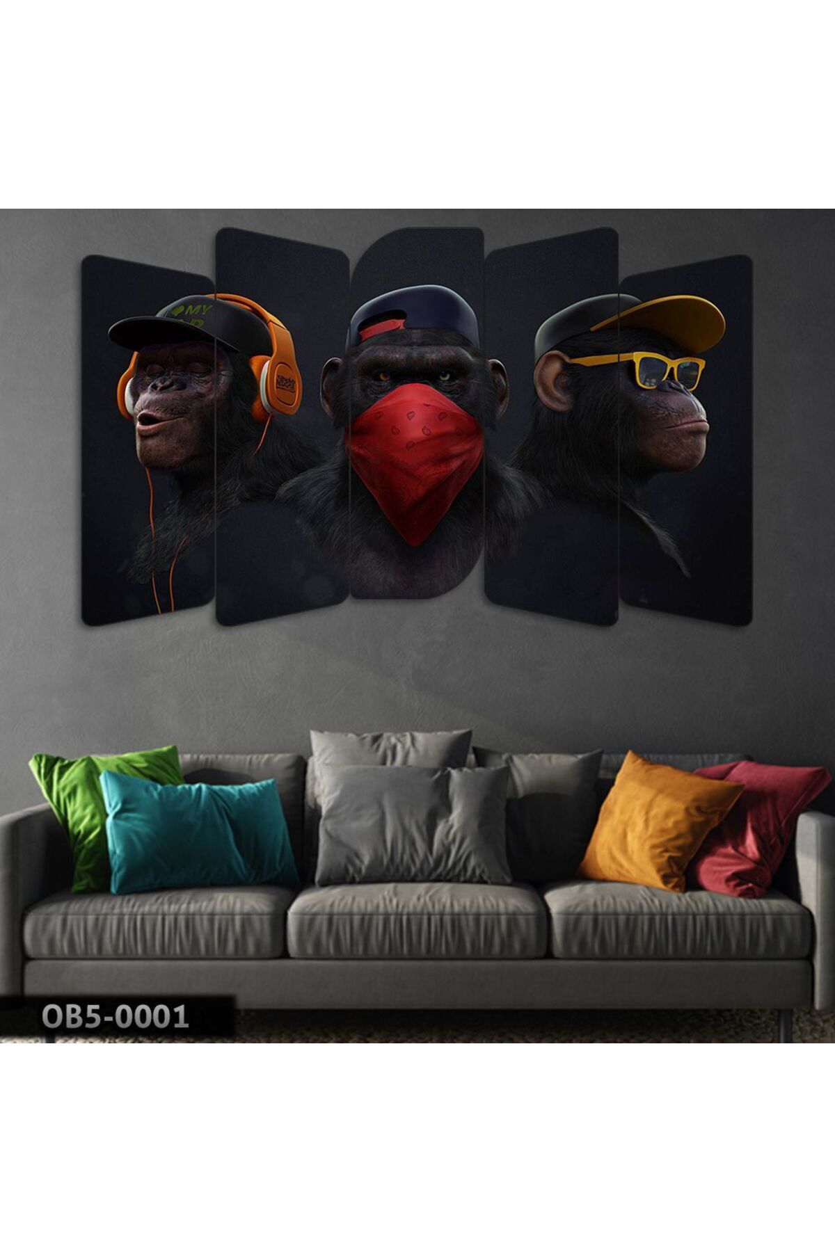 3 Maymun Görmedim Duymadım Bilmiyorum 5 Parçalı Tablo
