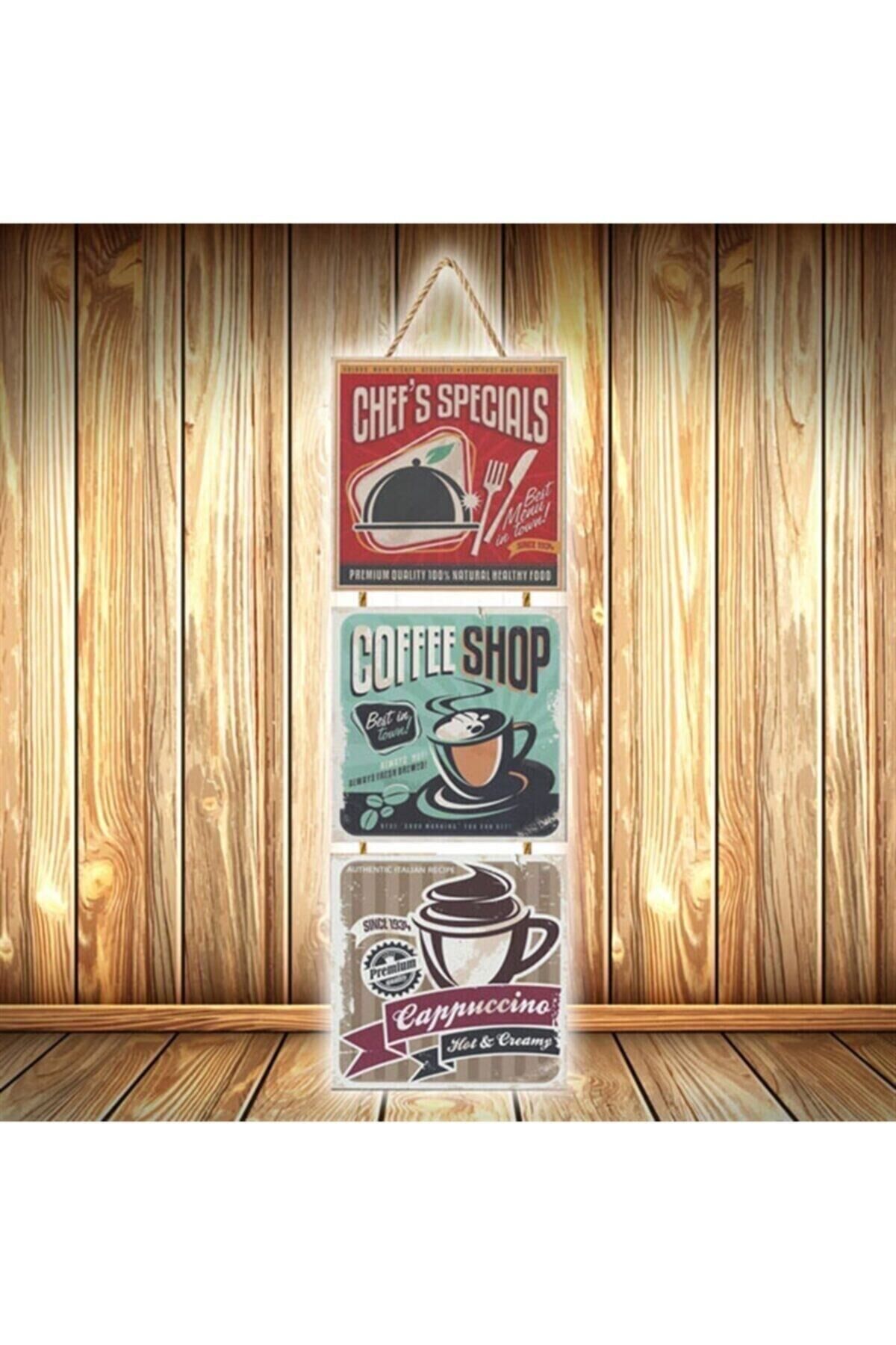 Coffee Shop Tasarımlı Üçlü Retro Ahşap Poster Ü554