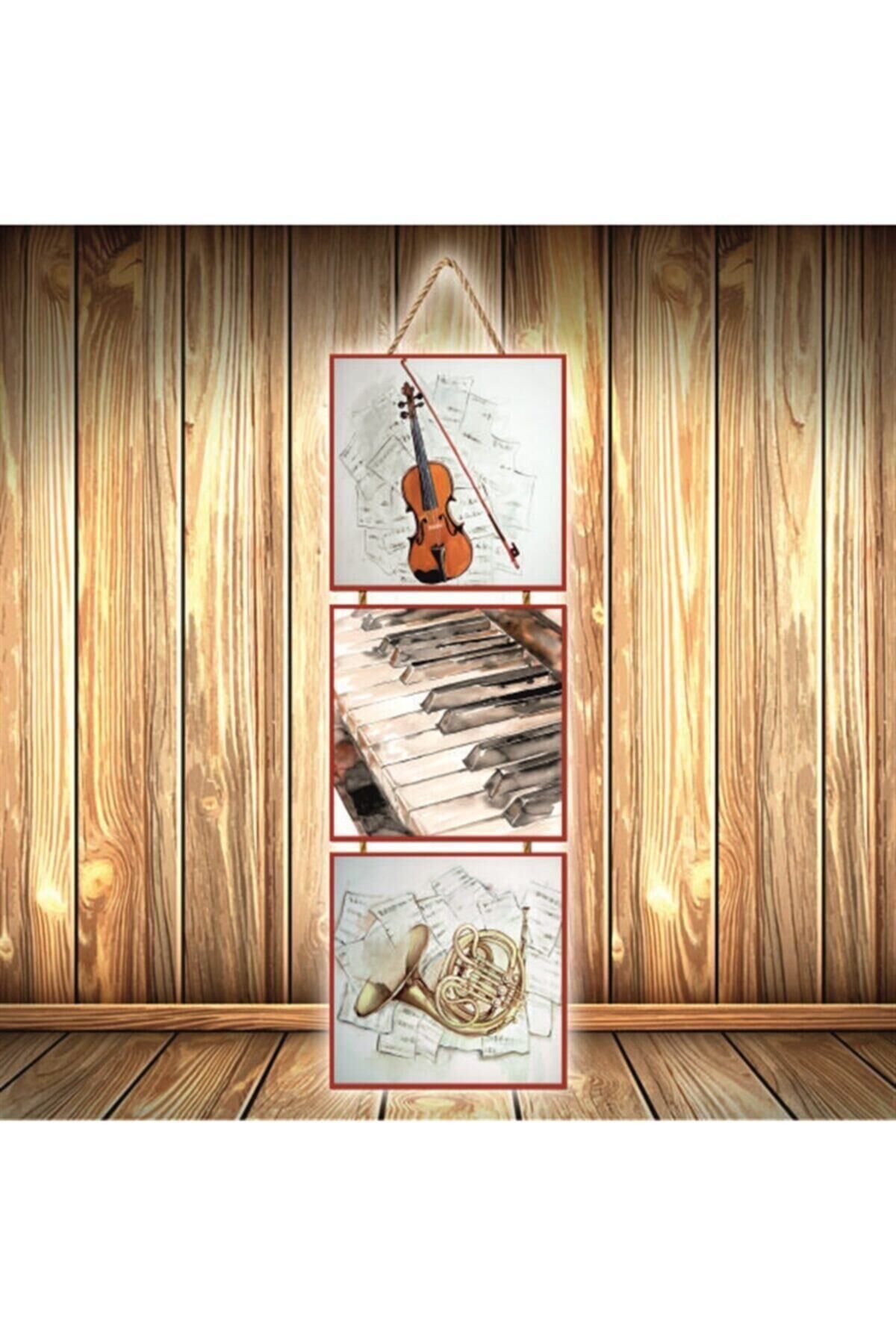 Müzik Aletleri Üçlü Retro Ahşap Poster Ü315