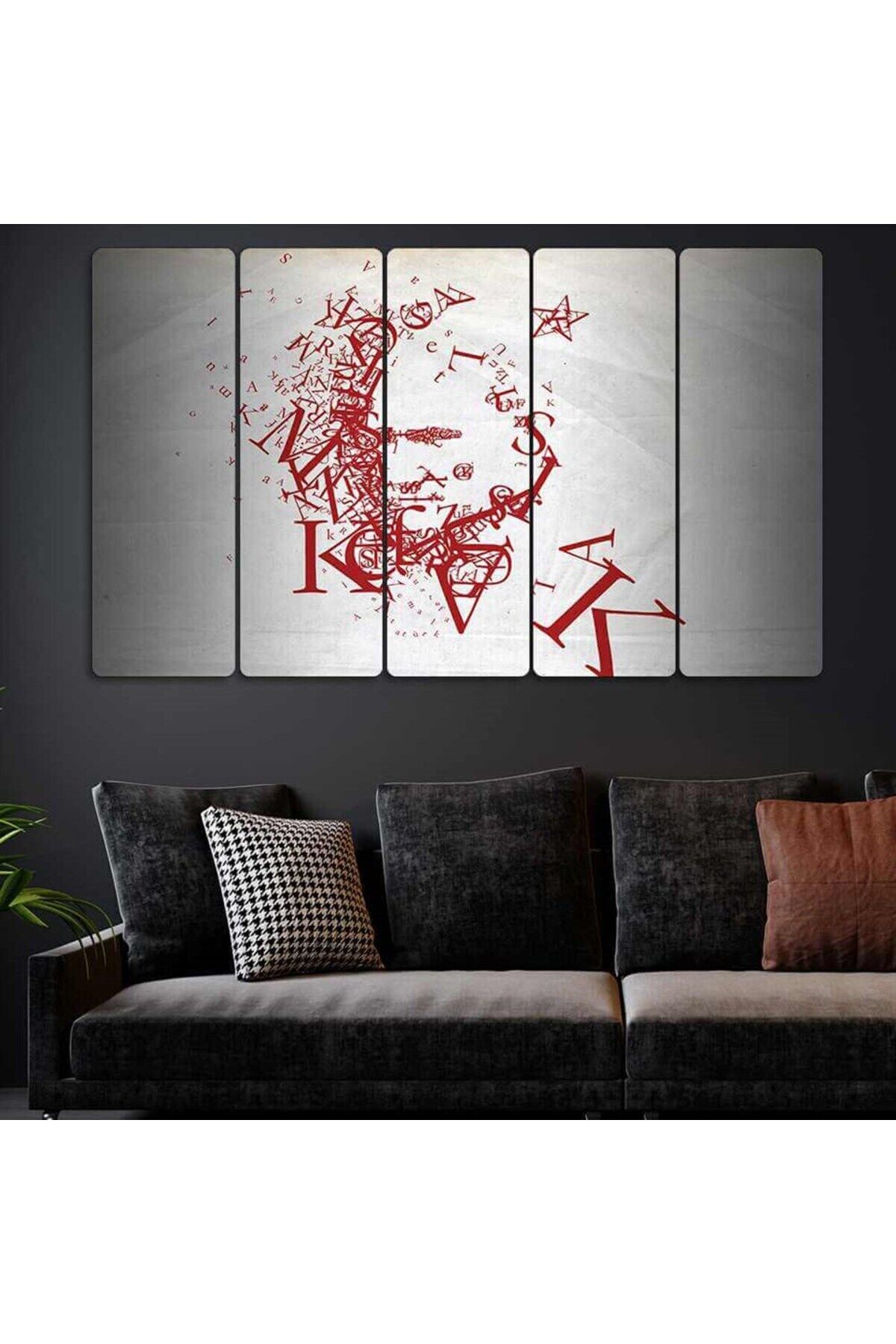 Harflerden Atatürk Silüeti - 5 Parçalı Tablo