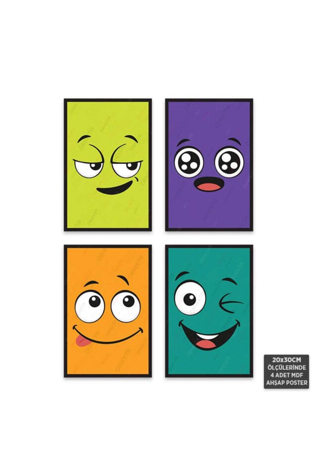 PS1016 - Emoji Modern Mdf Ahşap Poster Set (4 Adet - 20x30cm)
