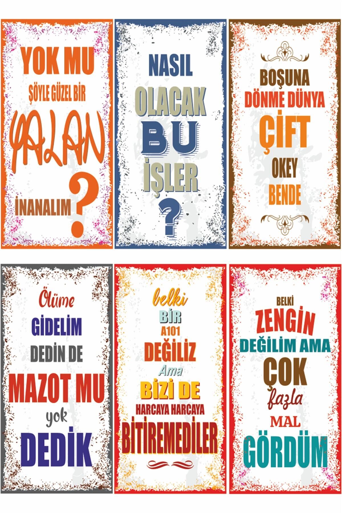 Eğlenceli Renkli Komik Motivasyon Duvar Yazıları 6lı Mini Retro Ahşap Poster Seti