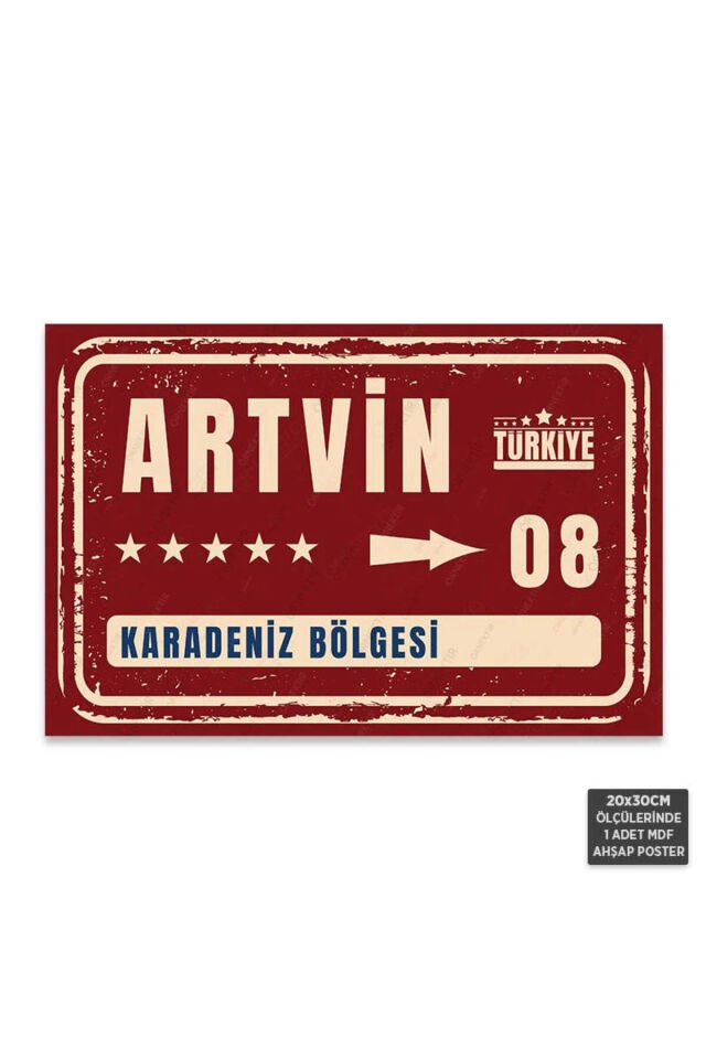 PT1045 - Artvin Şehir Tabelası Retro Mdf Ahşap Poster (20x30cm)