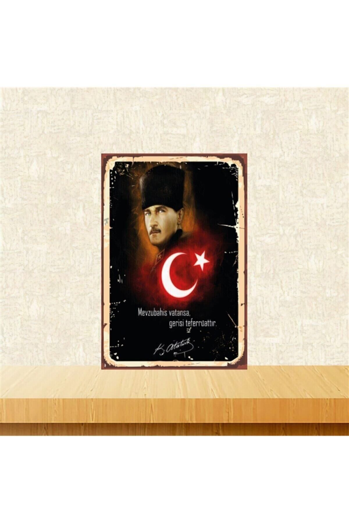 Atatürk Mevzubahis Vatansa Gerisi Teferruattır 20-30 Cm Retro Ahşap Tablo Tkfx4859