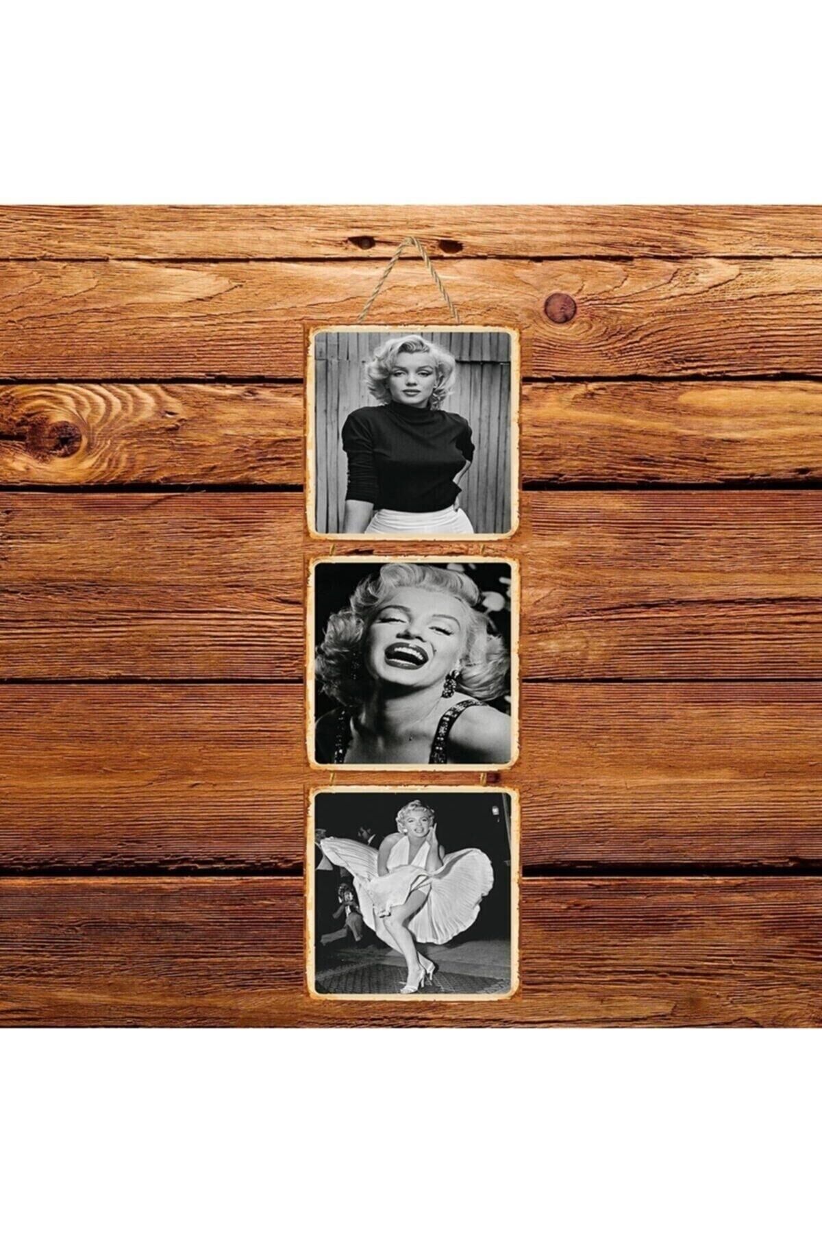 Marilyn Monroe Siyah Beyaz Üçlü Retro Ahşap Poster
