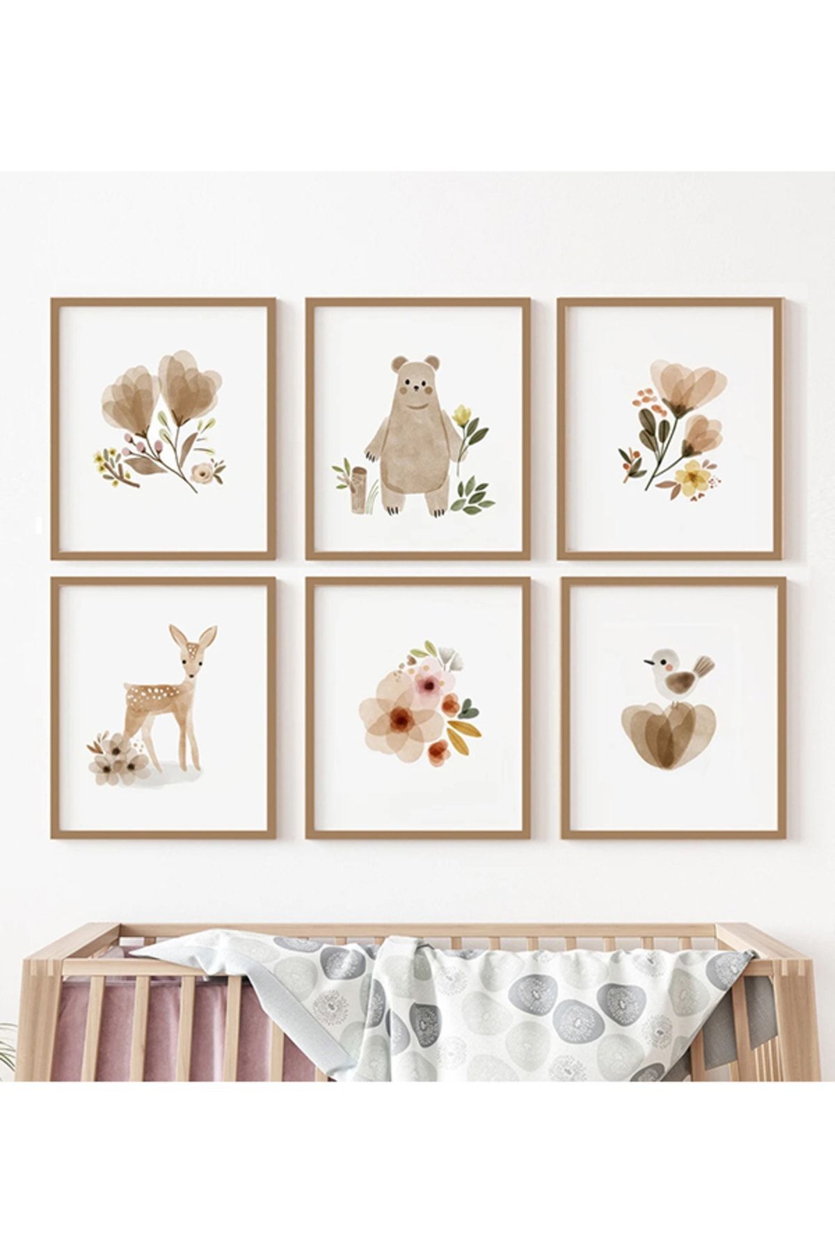 Bohem Tarz Bebek Hayvanlar Temalı Çocuk Odası 15x21 6'lı Tablo Set
