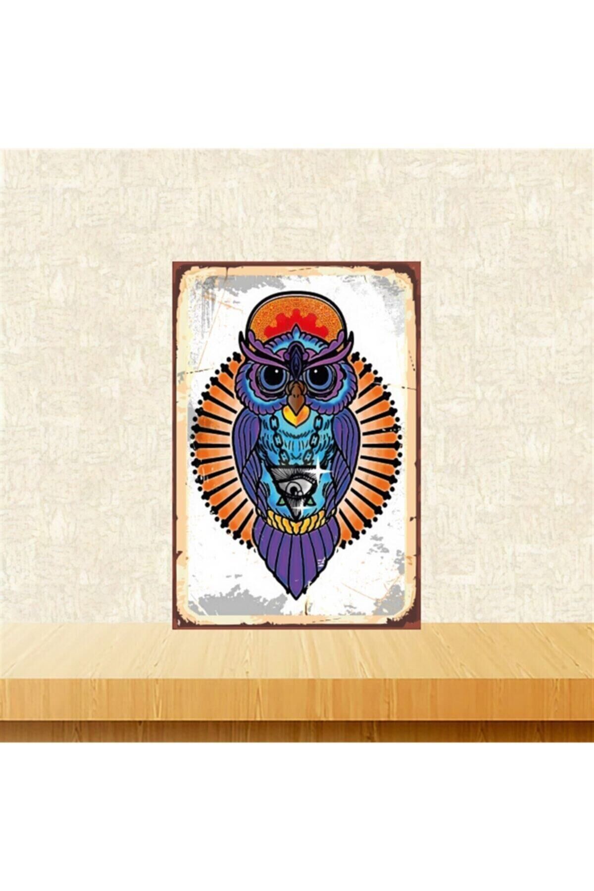 Renkli Baykuş Tasarımlı 20-30 Cm Retro Ahşap Tablo Tkfx4810