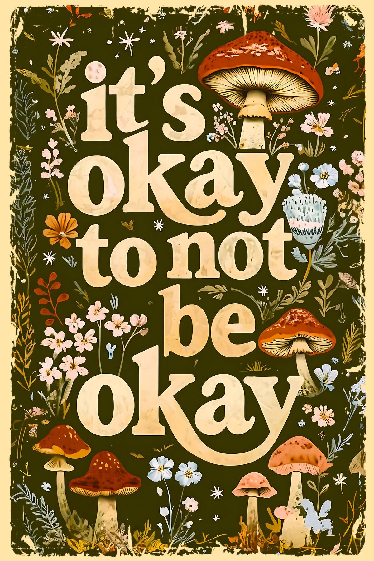 Retro Ahşap Poster Tablo Duvar Yazısı Vintage Mantar Ve Çiçek Görselli (20x30)