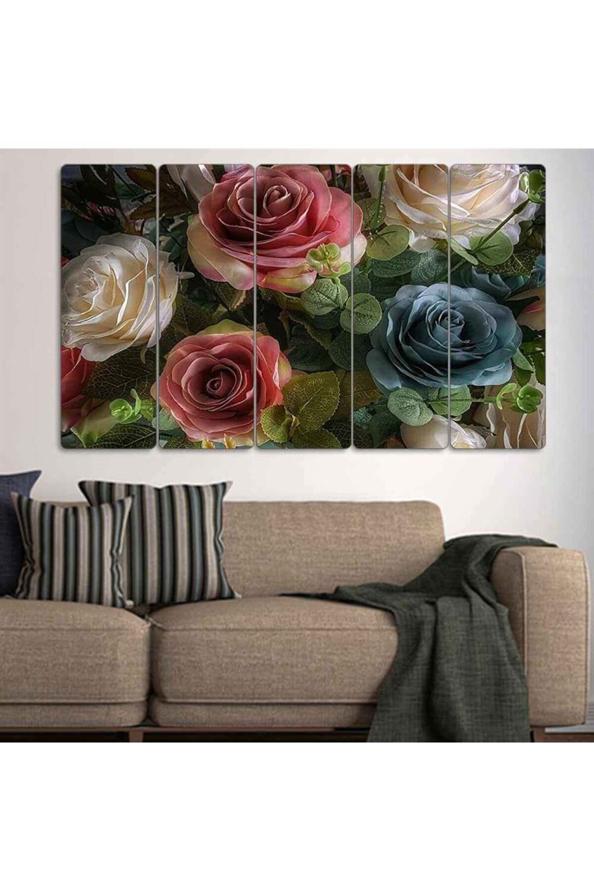 Pembe, Beyaz, Mavi Güller - 5 Parçalı Çiçek Tablo