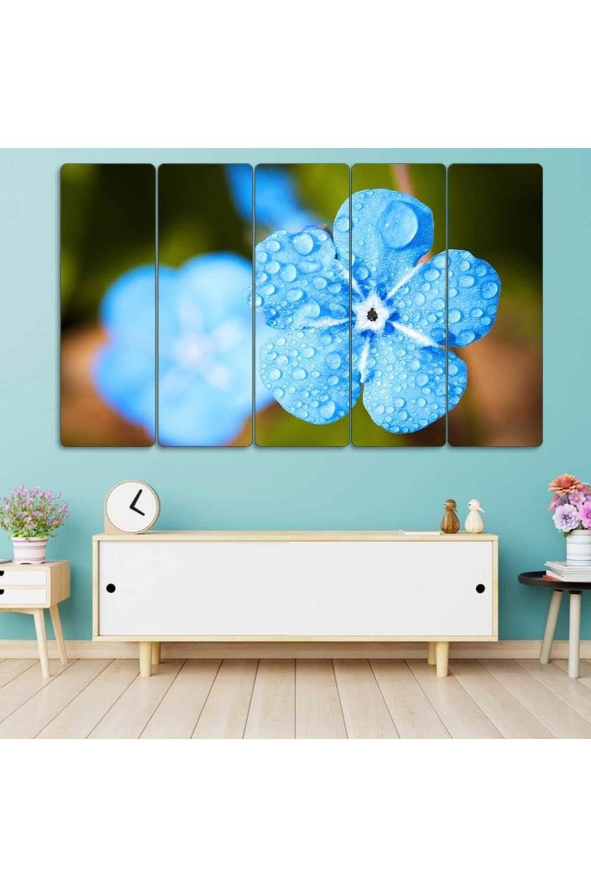 Çiğ Düşmüş Mavi Çiçek - 5 Parçalı Tablo