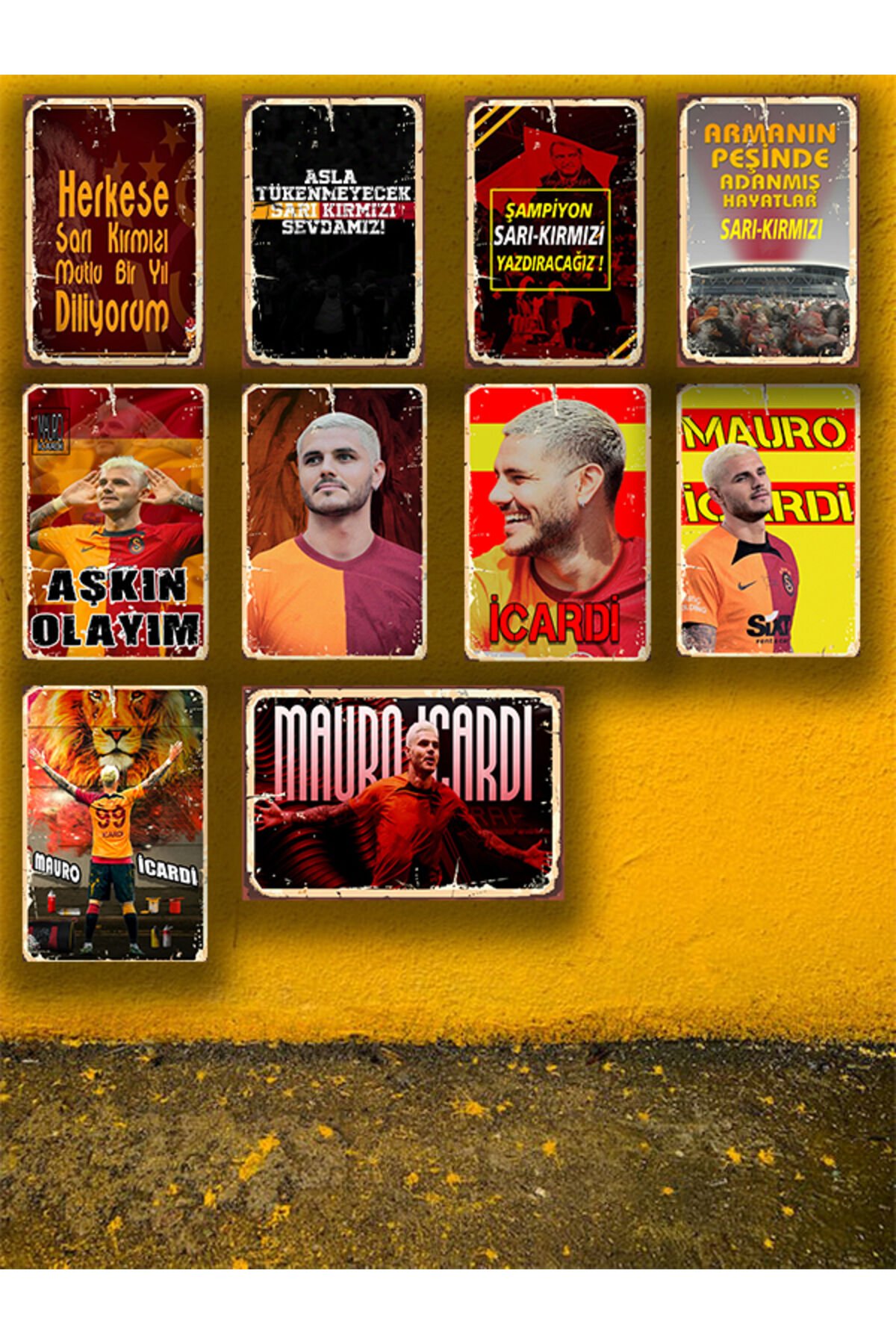 Sarı Kırmızı Taraftar Seti 10 Adet 20x30 Cm Retro Ahşap Tablo