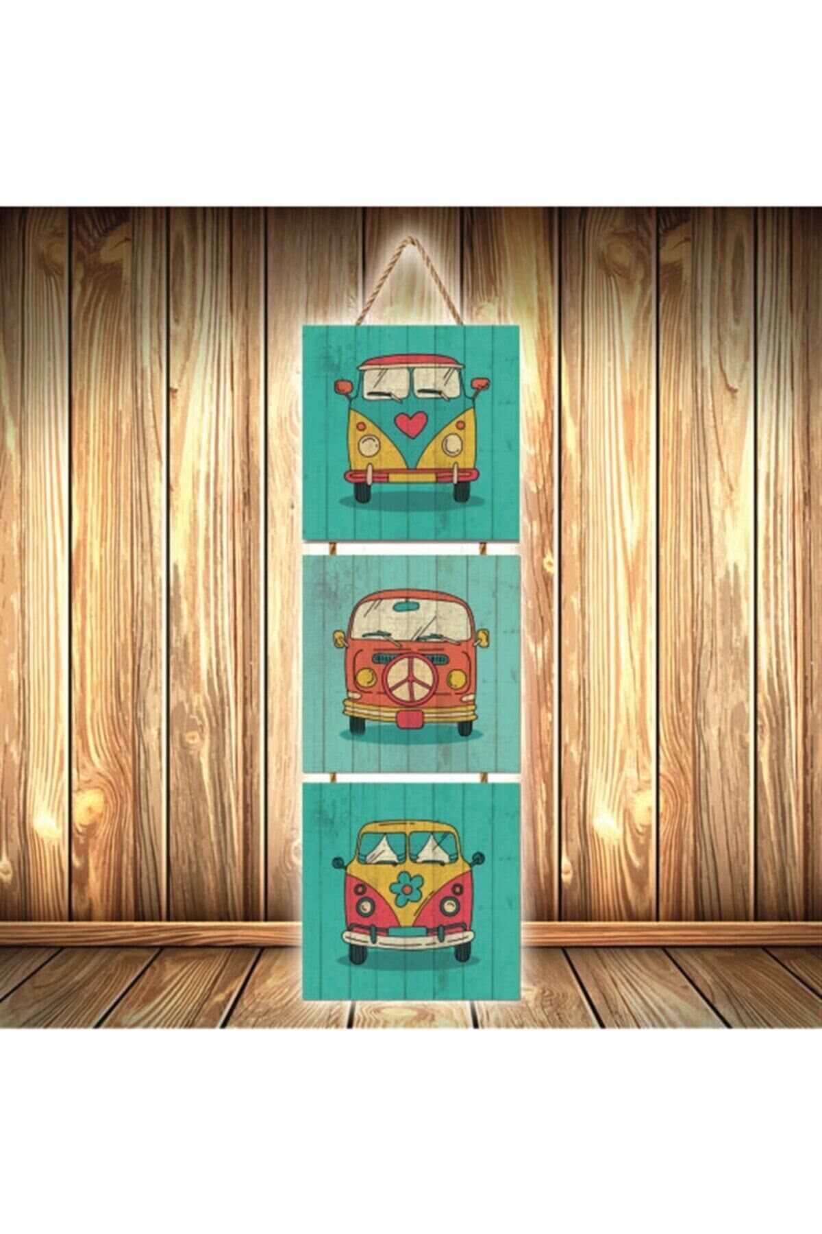 Karavan Tasarımlı Üçlü Retro Ahşap Poster Ü419