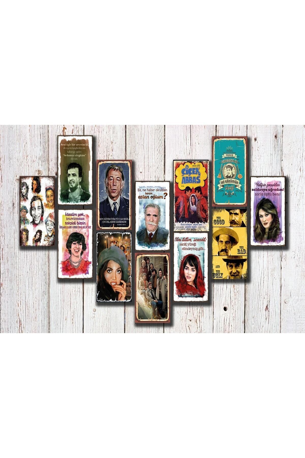 12 Parça Yeşilçam Temalı Retro Ahşap Poster / Tablo Seti