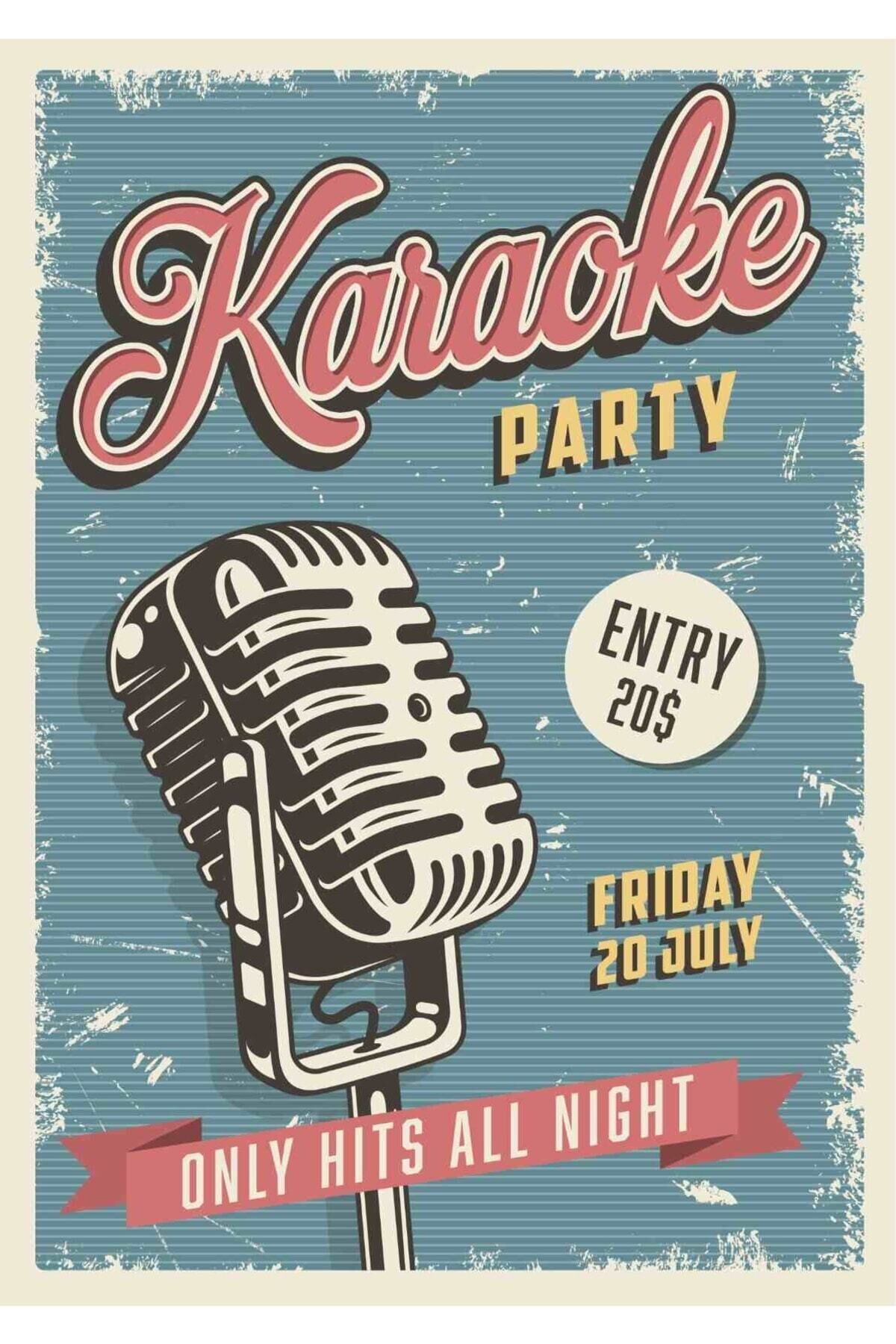 Karaoke Party Görselli Retro Ahşap Poster