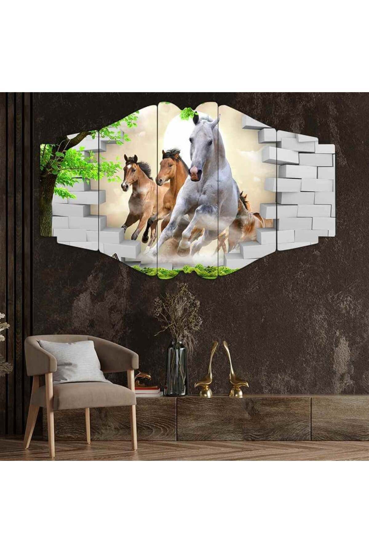 Duvarı Delen Atlar - 5 Parçalı Tablo
