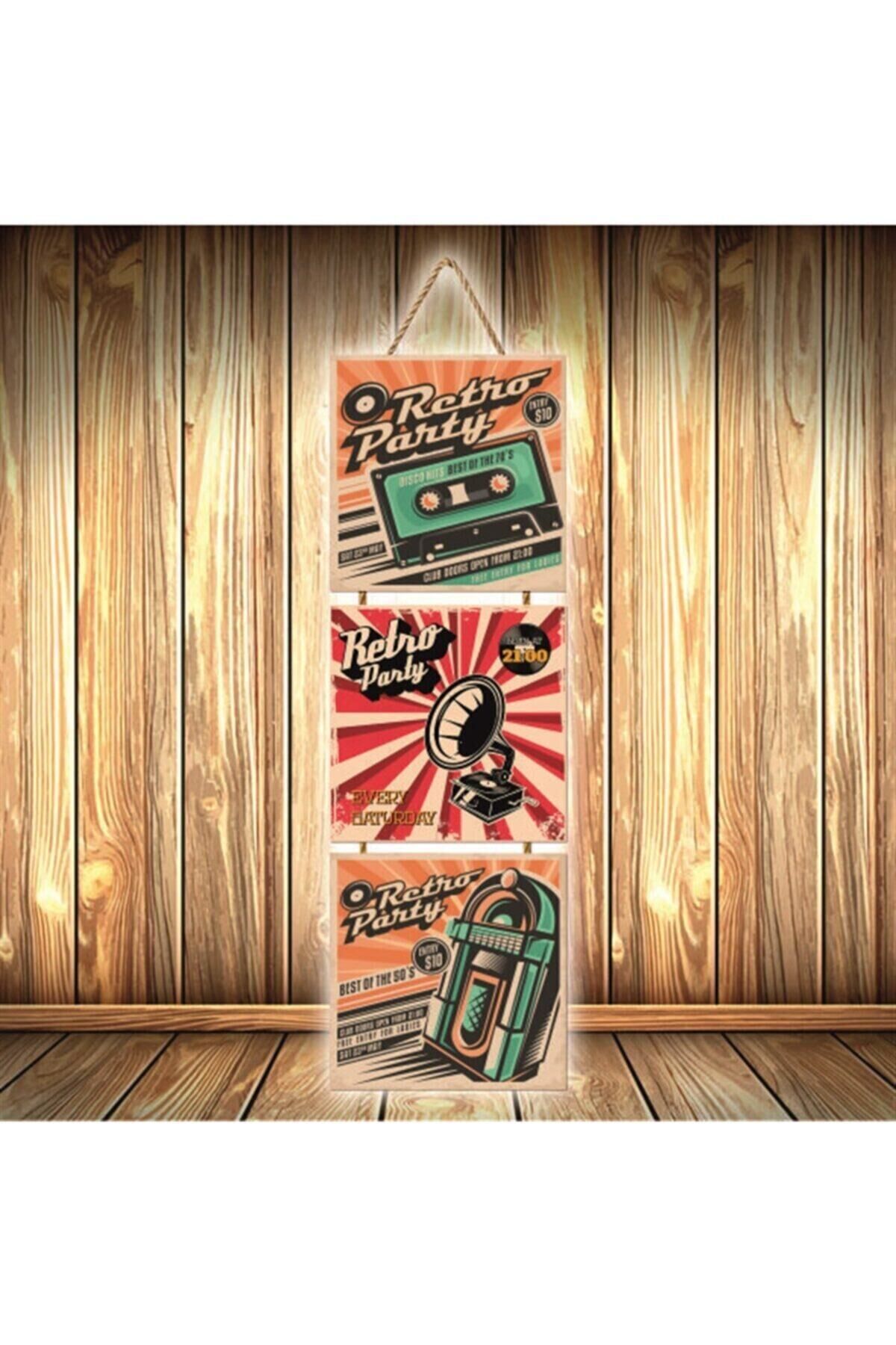 Retro Party Tasarımlı Üçlü Retro Ahşap Poster Ü336