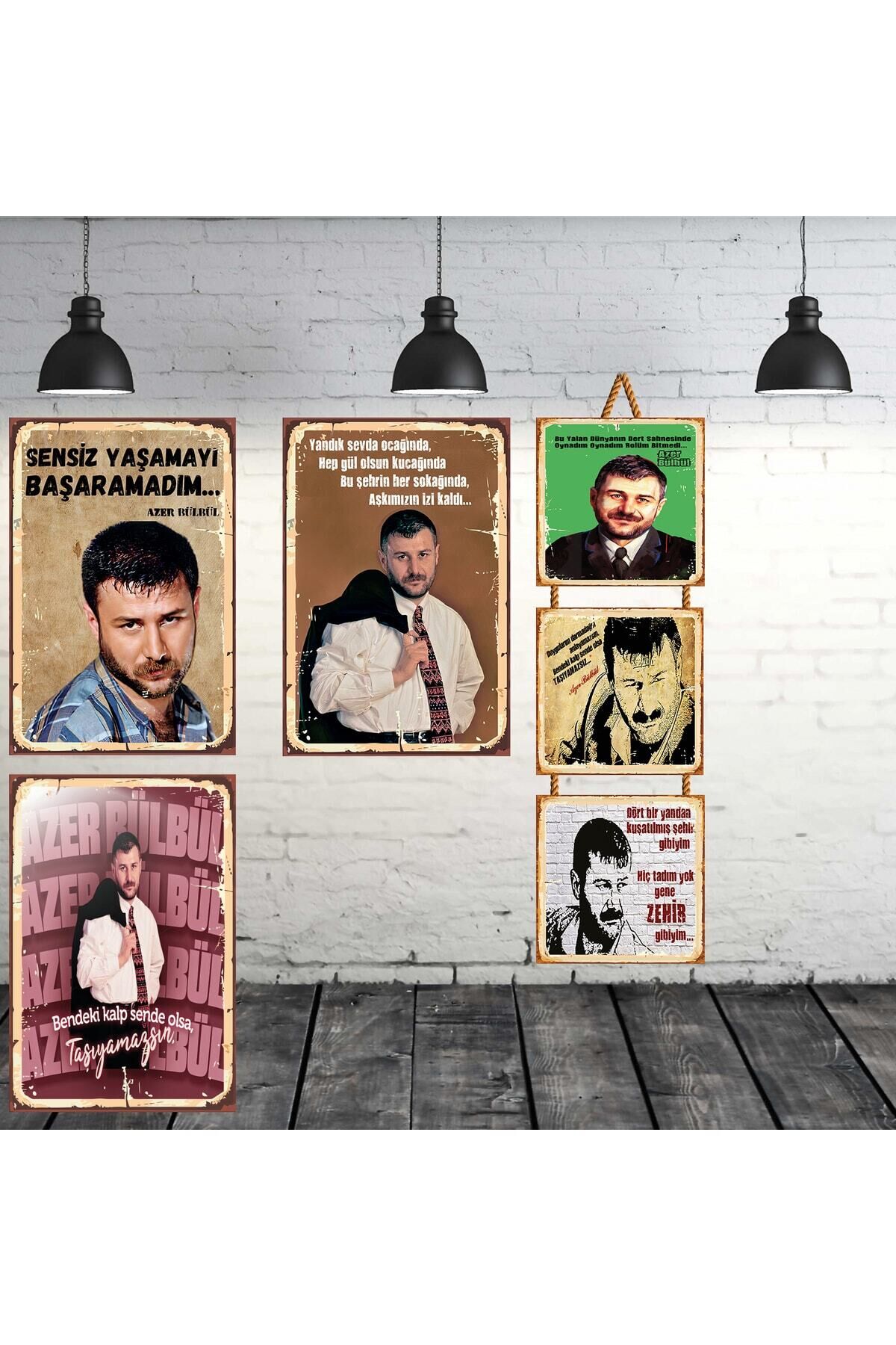 Azer Bülbül Sözleri Seti 3 Adet 20x30 Cm 3 Adet 15x15 Cm Retro Ahşap Tablo