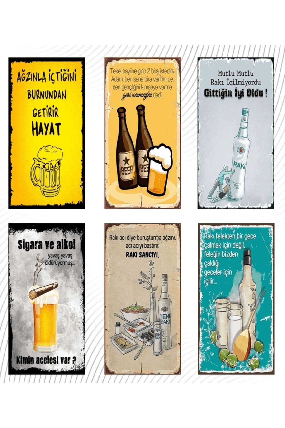 Rakı Ve Bira Temalı 6'lı Ahşap Duvar Poster Seti